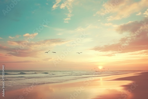 Serene Dawn: Seagulls Soaring over a Radiant Beach at Sunrise - Generative AI © Gelpi