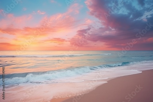 Pastel Sunset Serenity  Waves Gently Caressing Sandy Beach - Generative AI