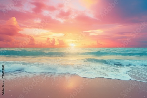 Pastel Sunset Serenity: Waves Gently Caressing Sandy Beach - Generative AI