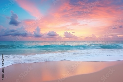 Serene Dawn  Seagulls Soaring over a Radiant Beach at Sunrise - Generative AI