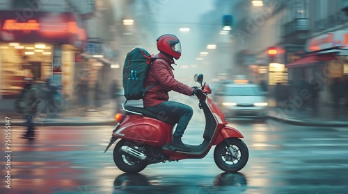 Urban delivery courier with thermo backpack on scooter speeding through city streets. Concept Delivery services, Urban transportation, Motorcycle courier, Express delivery, Delivery backpack © Anastasiia