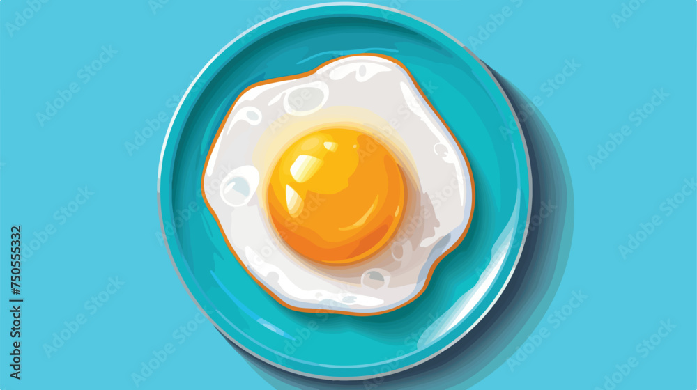 Blue round plate with fried egg Flat vector - obrazy, fototapety, plakaty 