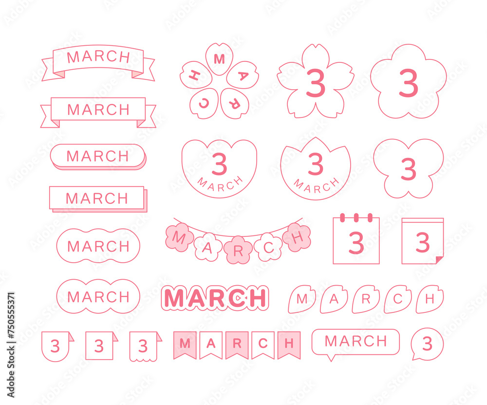 A set of pink decorative illustrations with a spring concept in March. Cherry blossom, flower, label, ribbon, garland, butterfly, calendar, note, speech bubble, tag, calendar shape design. A set of pink decorative illustrations with a spring concept in March. Cherry blossom, flower, label, ribbon, garland, butterfly, calendar, note, speech bubble, tag, calendar shape design.