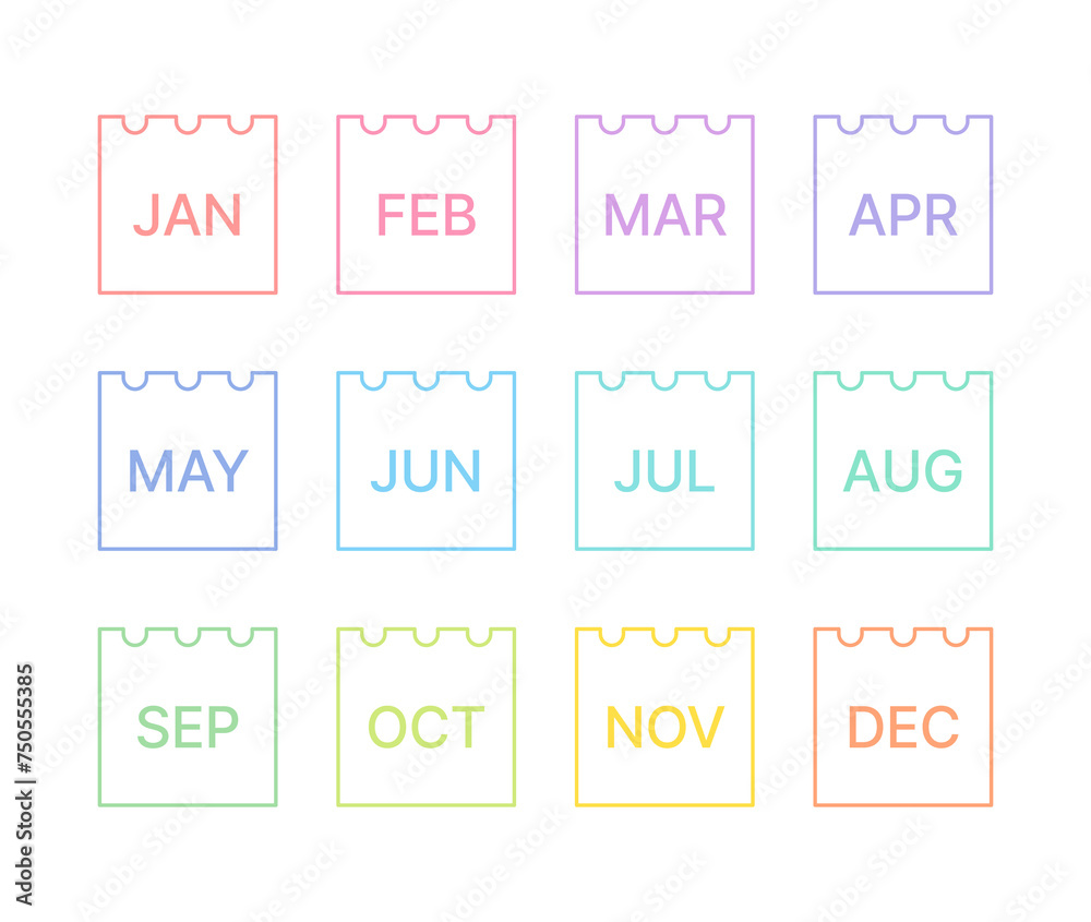 A set of minimal and simple line icons such as 12-month monthly calendar, schedule, planner, diary, timetable, note, memo, and notepad.