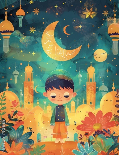 a cover of kids book, islamic book about Ramadan, a cute little boy with a curious expression, he surrounded by vibrant colors and symbols of Ramadan in the style of kids book illustration, cartoon, s photo