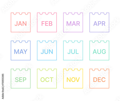 A set of minimal and simple line icons such as 12-month monthly calendar, schedule, planner, diary, timetable, note, memo, and notepad.