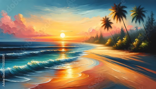 Serene Beach Sunset with Palm Trees and Copyspace
