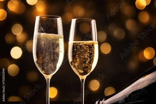 Toasting with Two Glasses of Champagne, New Years Lighting, Celebration Toast Sparkling Wine Glasses