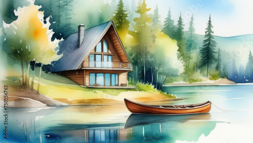 watercolor drawing of a small wooden house on the shore of a lake against the backdrop of a summer forest, a boat next to the house