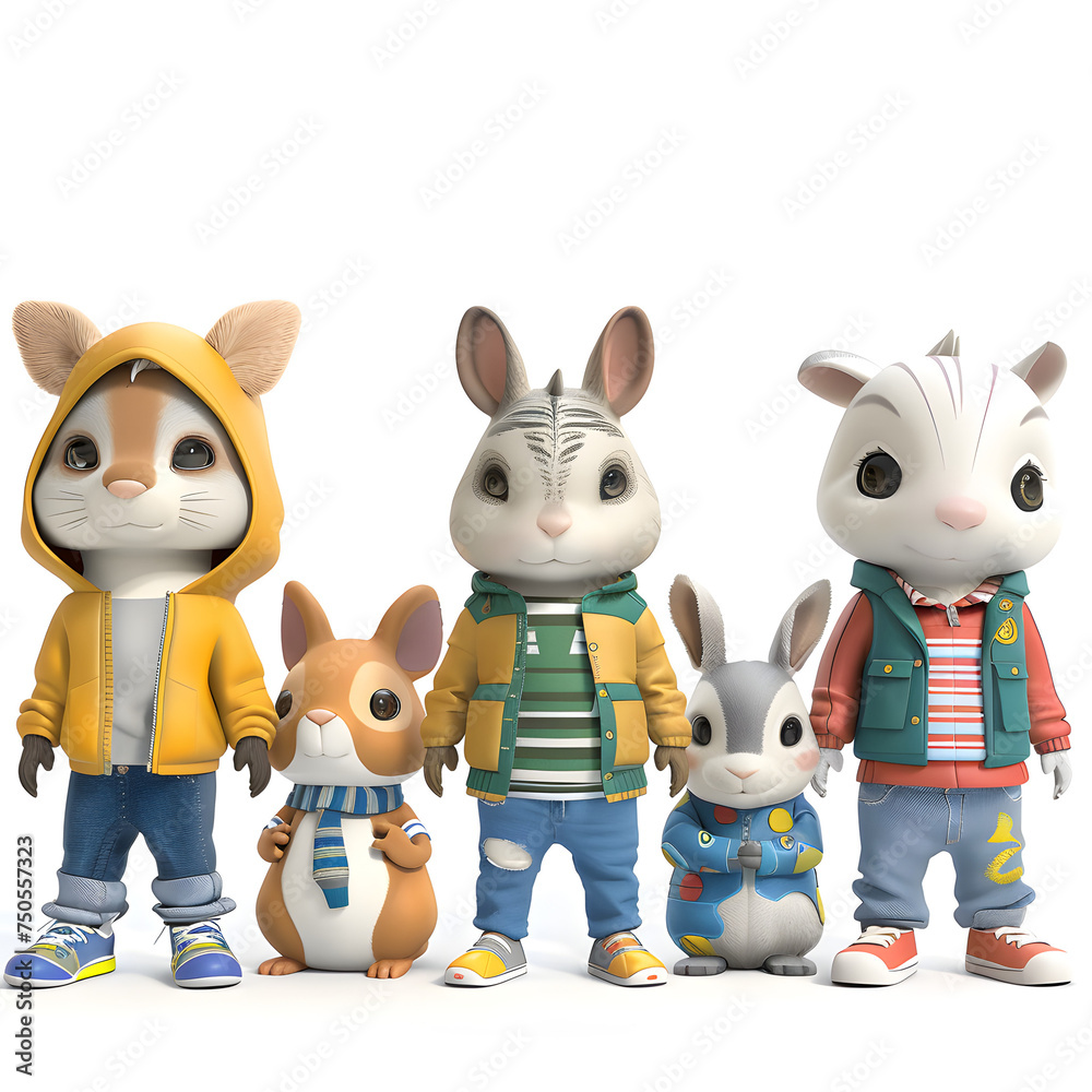 Naklejka premium Adorable Animal Figures Dressed in Stylish Outfits