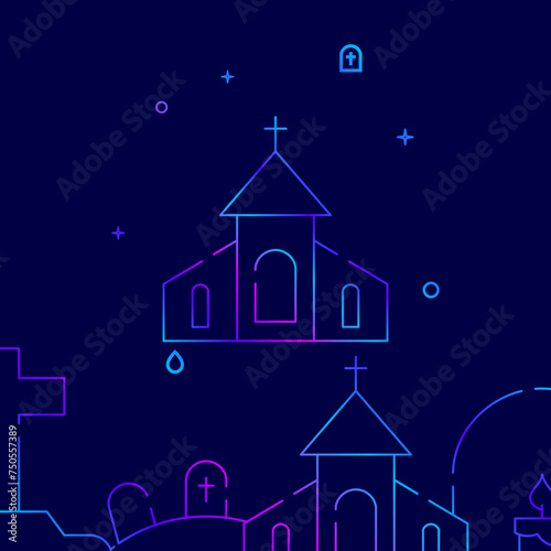 Chapel, church gradient line vector icon, simple illustration on a dark blue background, funeral related bottom border.