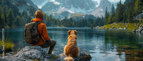 Mountain lake, stunning landscape. Tourist with his dog enjoys the view of the lake and mountains. photo
