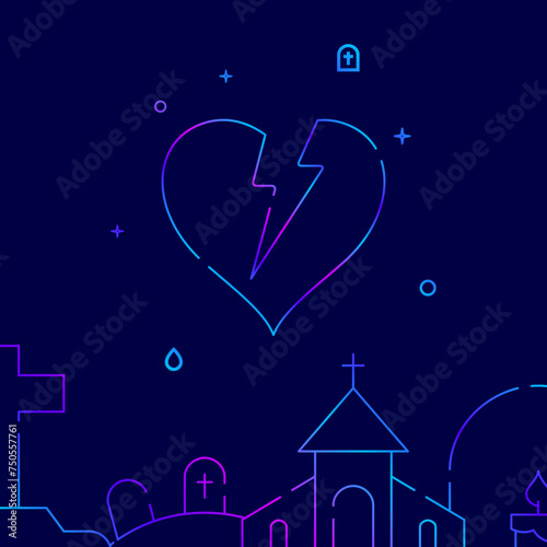 Broken heart, grief gradient line vector icon, simple illustration on a dark blue background, funeral related bottom border.