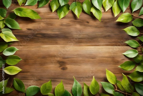 wooden table top with spring green leafs as frame Wooden table top with spring green leafs as frame and free space for text