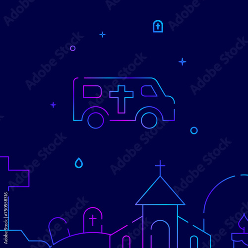Hearse car gradient line vector icon, simple illustration on a dark blue background, funeral related bottom border.