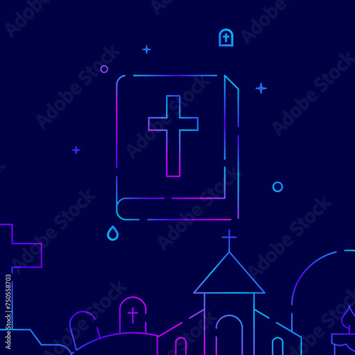 Bible, holy scripture gradient line vector icon, simple illustration on a dark blue background, funeral related bottom border.