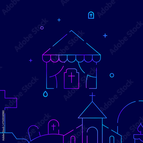Cemetery, funeral tent gradient line vector icon, simple illustration on a dark blue background, funeral related bottom border.