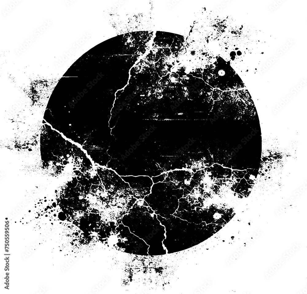 Monochrome illustration of a planet with volcanoes. Black grunge orb isolated on a white background.