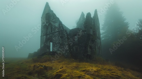 A forgotten gothic abbey looms out of the dense fog, its historical presence a whisper among the silent hills and bare trees.