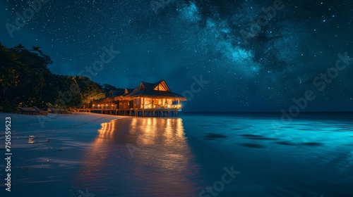 A luxury resort on a tranquil tropical beach glows warmly under a sky full of stars, with the Milky Way painting a celestial backdrop.