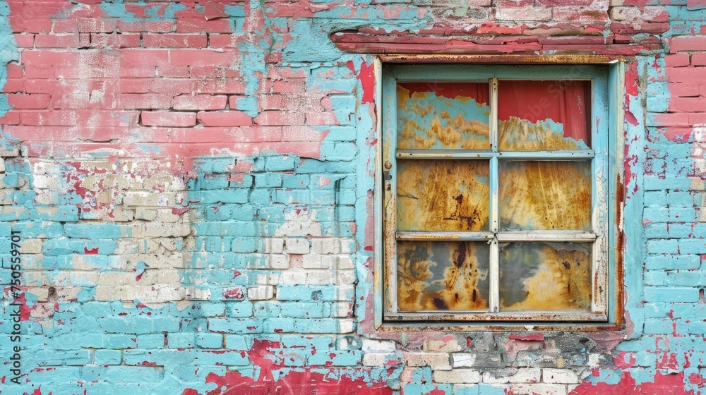 A rustic window with peeling blue paint stands out on a weathered, multicolored brick wall, telling stories of decay and the passage of time.