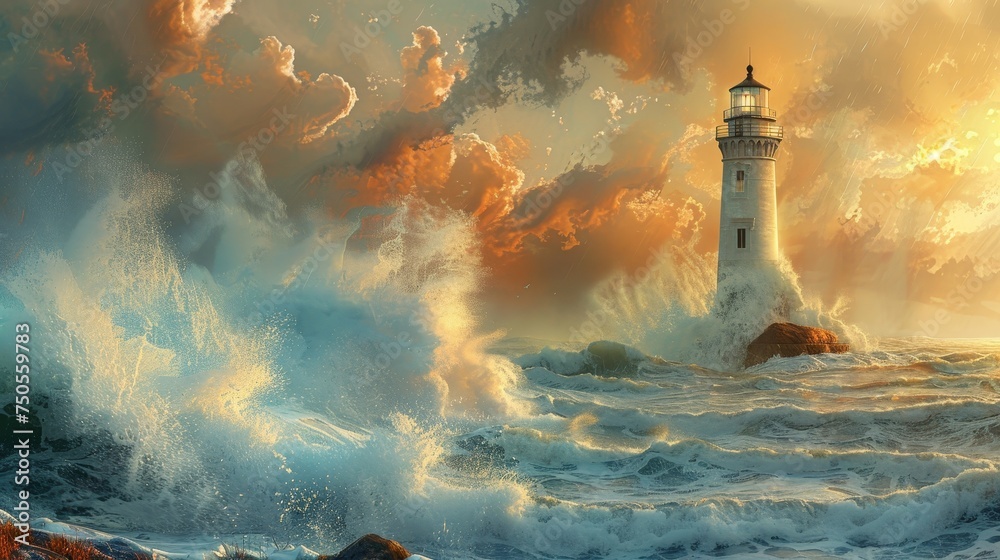 A majestic lighthouse stands resilient against the ferocious waves under a dramatic sunset sky.