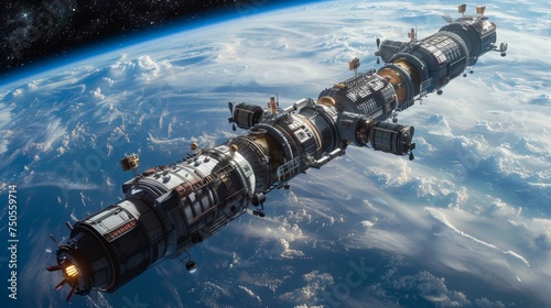 A highly detailed rendering of a futuristic space station, equipped with modules and antennas, orbits Earth against the backdrop of a starry universe.