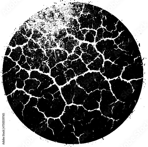 A planet with damaged edges and cracked surface. Black grunge orb. Distress grain surface dust and rough background concept.