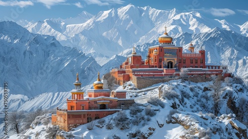 A striking red monastery with golden domes stands out against the backdrop of the towering, snow-covered Himalayan mountains.