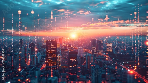 A city skyline bathed in the glow of sunset, overlaid with a cybernetic pattern of digital rain, symbolizing a fusion of technology and urban life.