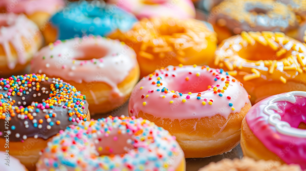 Delectable array of donuts with pastel-colored frostings. Assorted glazed donuts with colorful sprinkles. Delectable array of donuts with pastel-colored frostings. Assorted glazed donuts with colorful sprinkles.
