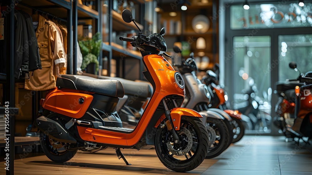 Sleek and stylish scooters on display in a fashionable retail setting for sale. Concept Scooters, Retail Display, Fashionable Setting, Sleek Design, For Sale Sleek and stylish scooters on display in a fashionable retail setting for sale. Concept Scooters, Retail Display, Fashionable Setting, Sleek Design, For Sale