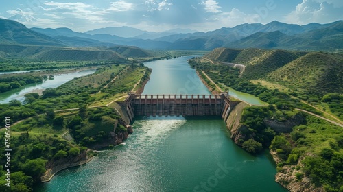 A picturesque hydroelectric dam nestled amidst vibrant greenery, with serene waters flowing through a mountainous landscape.