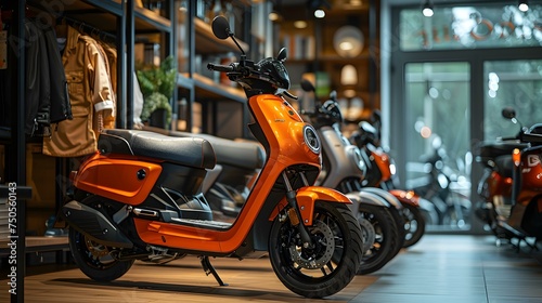 Sleek and stylish scooters on display in a fashionable retail setting for sale. Concept Scooters, Retail Display, Fashionable Setting, Sleek Design, For Sale