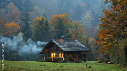 A rustic log cabin with smoke rising from its chimney on a misty autumn morning, surrounded by colorful foliage.