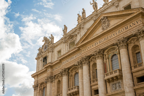 Facade of Papal Basilica of Saint Peter in the Vatican located in Rome, Italy. It's the most important and largest church in the world and residence of the Pope.