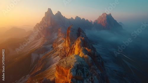 A rugged alpine ridge, with jagged peaks as the background, during golden hour © CanvasPixelDreams