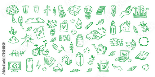 Set of ecology. Hand-drawn doodle vector illustration. Ecology problem, recycling and green energy icons. Environmental symbols..