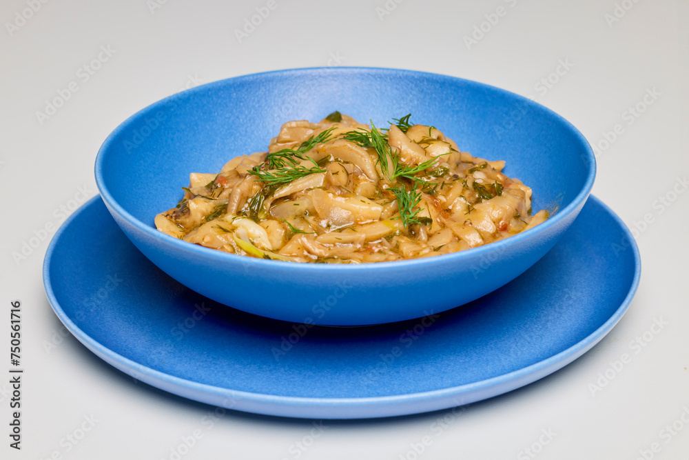 mushroom stew (Pleurotus) in a plate ready to be served.