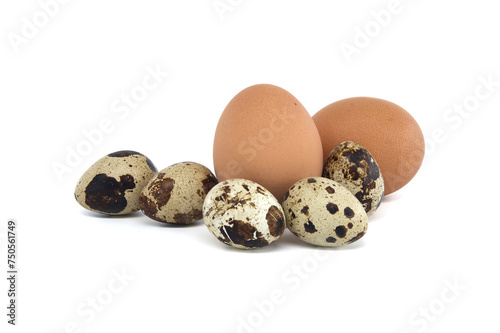 Brown eggs and smaller quail eggs isolated on white