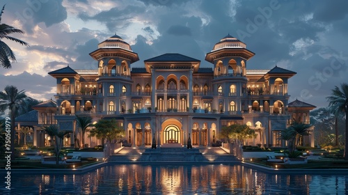 An opulent mansion bathed in the warm glow of evening lights, reflecting on tranquil waters amidst a serene landscape.