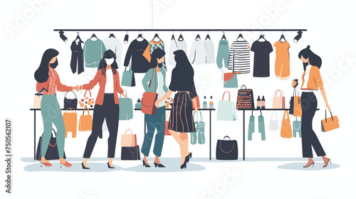 Female customers shopping in clothes shop Flat vector
