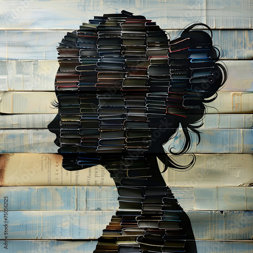 Literary Mosaic: Enigmatic Portrait Amidst Tomes photo