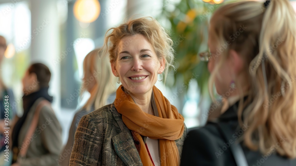 A cheerful woman with curly hair engaging in a conversation with colleagues at a professional networking event indoors. Generative AI A cheerful woman with curly hair engaging in a conversation with colleagues at a professional networking event indoors. Generative AI