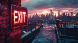 The vibrant glow of a neon exit sign reflects on a wet rooftop with the city skyline silhouetted against a dramatic sunset.