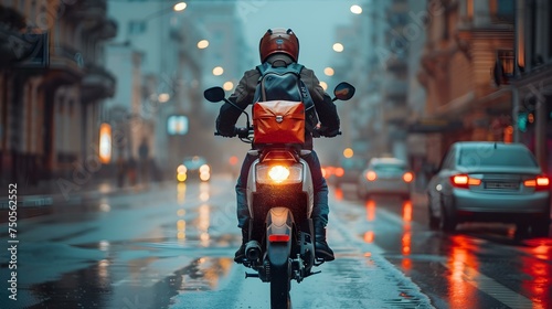 Delivering Packages and Food Items on City Streets: The Life of a Motorcycle Rider. Concept Motorcycle Deliveries, Urban Logistics, Fast Transport, Food Delivery, City Streets