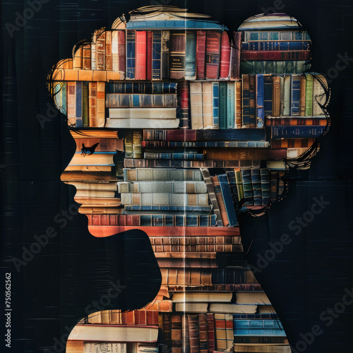 Literary Mosaic: Enigmatic Portrait Amidst Tomes photo