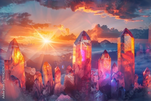 Crystal Mountains View, Crystals Landscape Illuminated By the Setting Sun, Copy Space