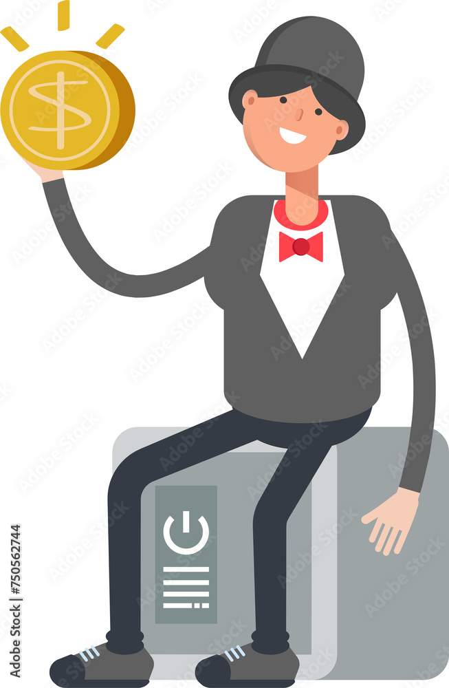 Magician Character Sitting on Safe and Holding Dollar Coin
