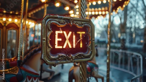 A radiant exit sign glows invitingly on an ornate carousel, its lights offering guidance amidst the joyous blur of an amusement ride.
